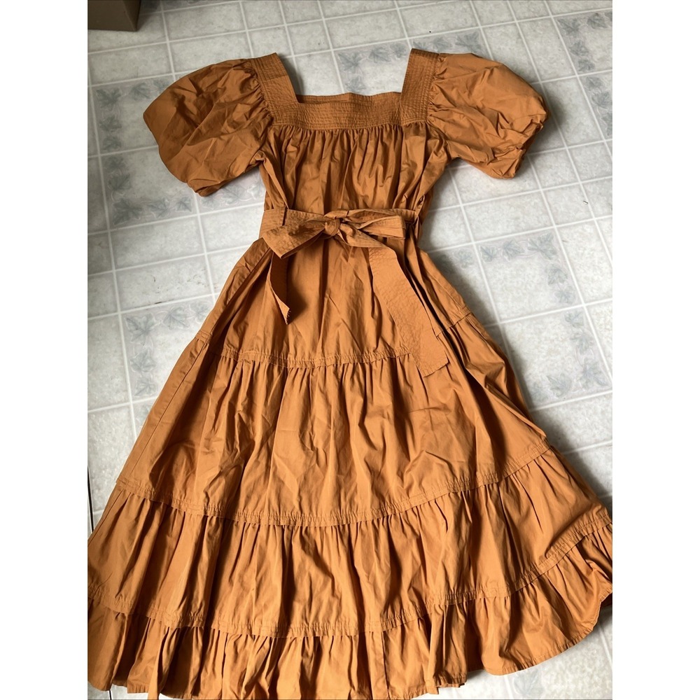 Böhme Womens Tiered Puff Sleeve Sewn Square Neck Midi Dress Orange‎ Large
